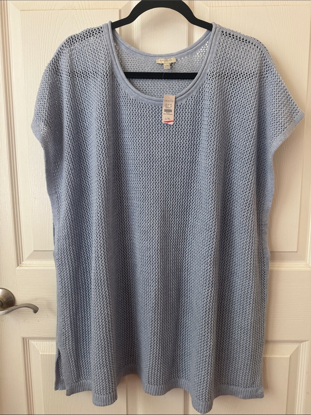 Light Blue Textured Open-Knit Women's Short Sleeve Tunic / Sweater 100% Cotton